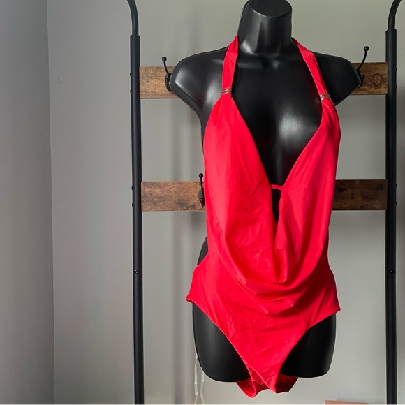 BAR III women’s Solid Cowlneck One-Piece Swimsuit in paradise pink red size M - Picture 2 of 7